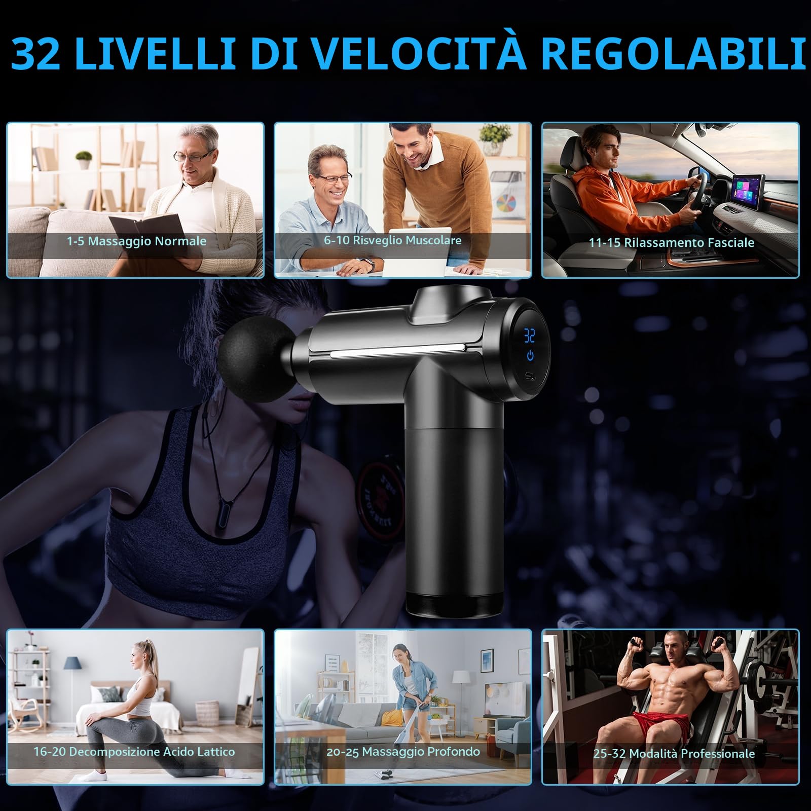 Pistola massaggiante per tessuti profondi, massaggiatore a percussione muscolare a 32 marce, con touch screen LCD, 8 teste, per rilassare spalle, corpo, schiena