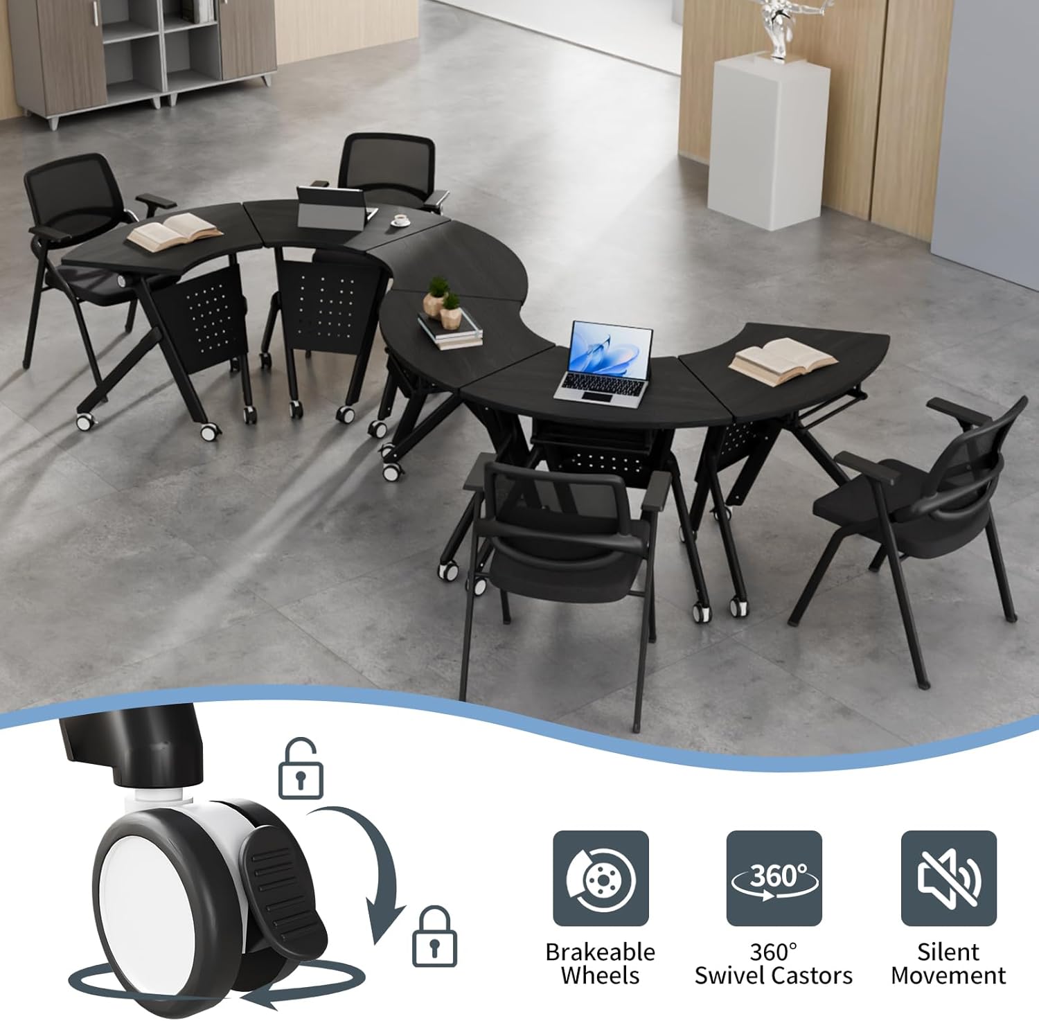Folding Conference Room Tables Modular Seminar Conference Table with Wheels, 6-8 Person Foldable Fan-shaped Training Table for Office Dynamic Classroom, Stackable & Reconfigurable Meeting Tables