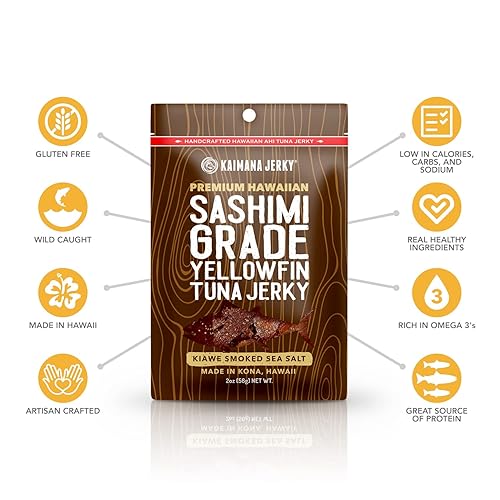 Miniatura 4 de Kaimana Ahi Atún Jerky Kiawe Sal marina ahumada – Suave y sabrosa – Cecina de pescado premium fabricada en los Estados Unidos Alta en Omega 3,