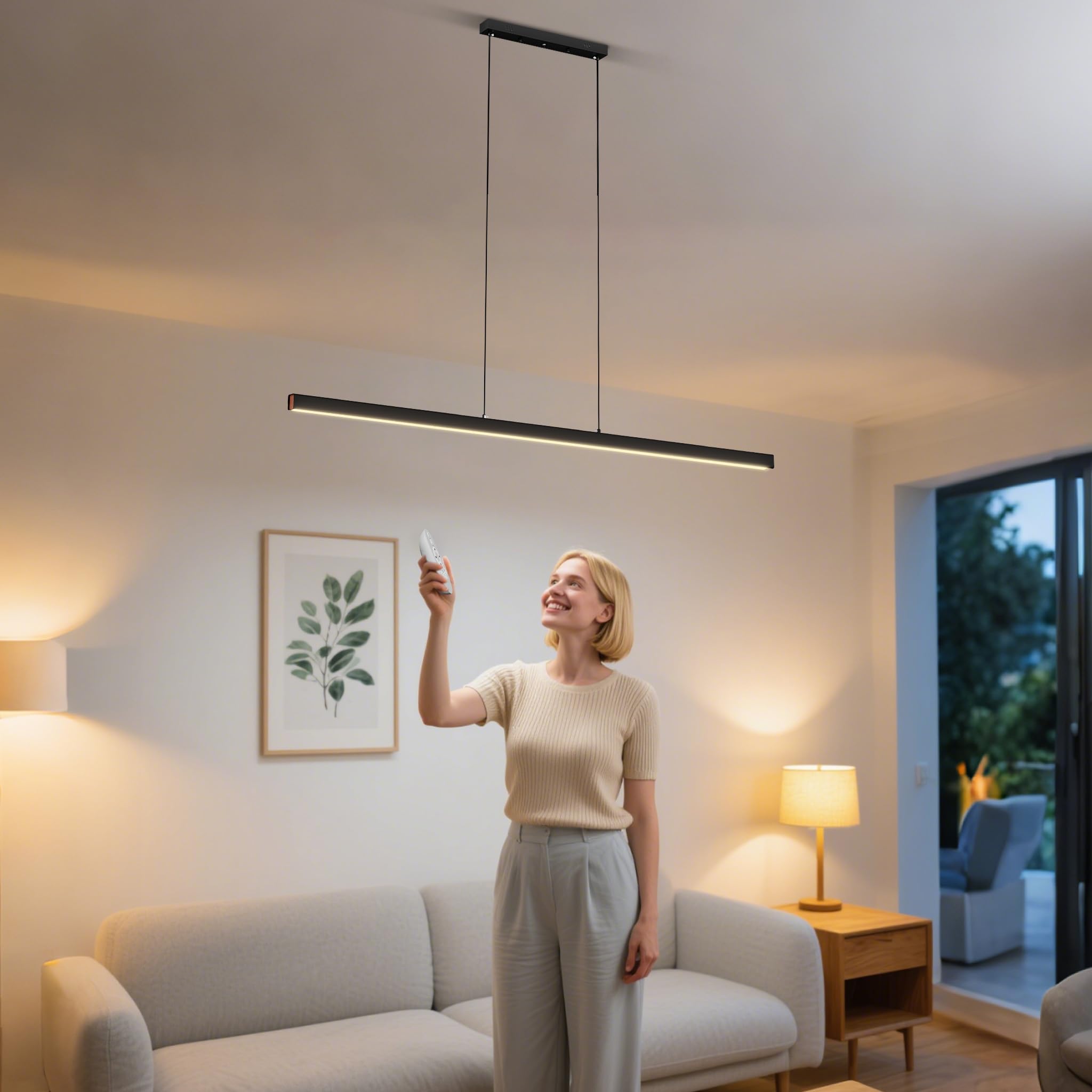 YRHome Nowoczesna lampa wisząca LED, 60 W, ściemniana, z regulacją wysokości, lampa wisząca z pilotem zdalnego sterowania, liniowa konstrukcja, lampa sufitowa do salonu, kuchni, sypialni, biura