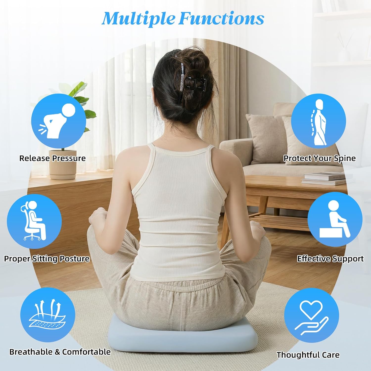 SheRest Office Chair Cushion with Straps, Memory Foam Seat Cushion with Removable Cover, Suitable for Office Chairs, Car Seats, and Airplane Seats, Blue, X-Large