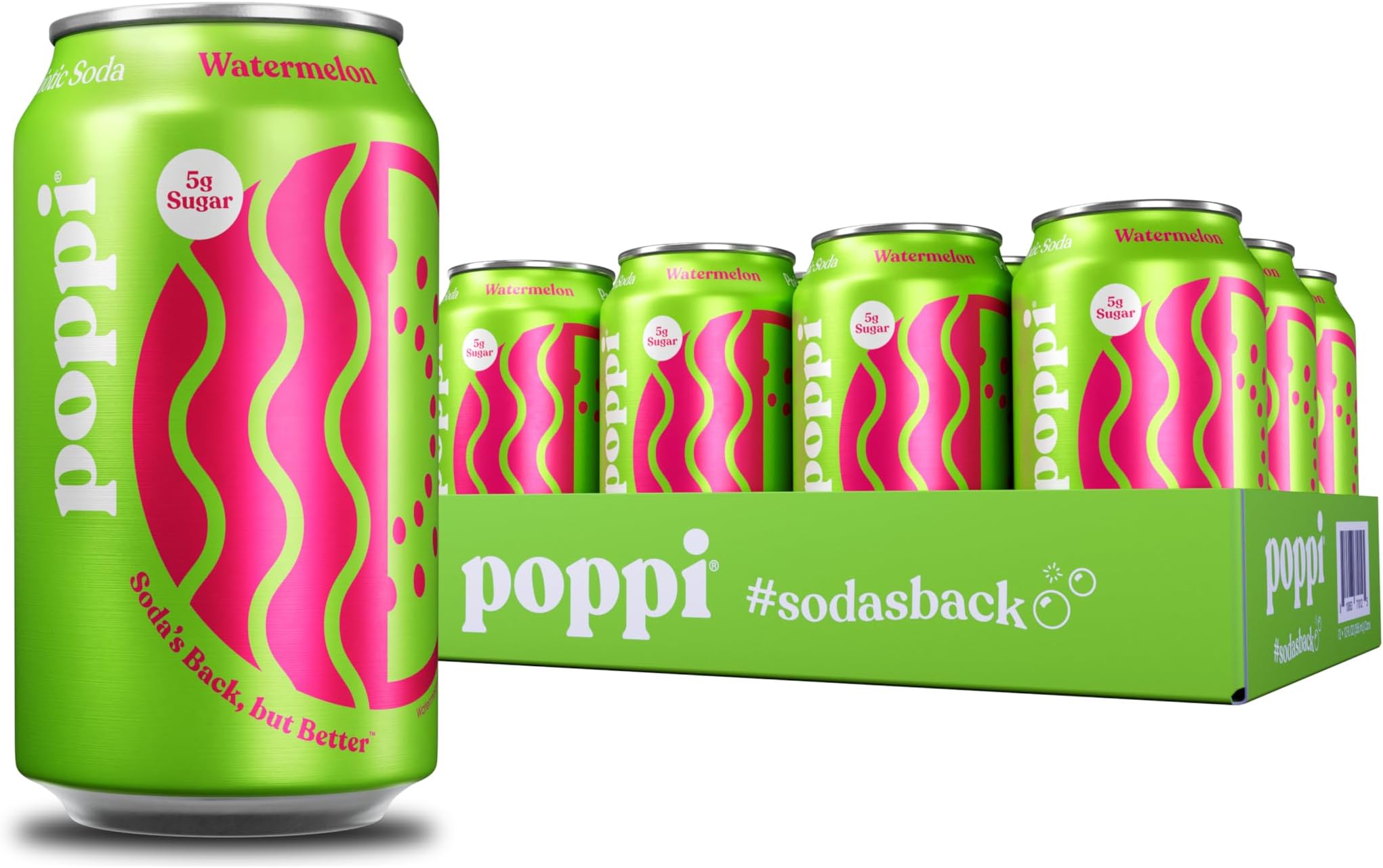 Poppi Sparkling Prebiotic Soda Beverage with Apple Cider Vinegar, Seltzer Water and Fruit Juice, Watermelon Flavor, 12 oz, Pack of 12, Packaging May Vary
