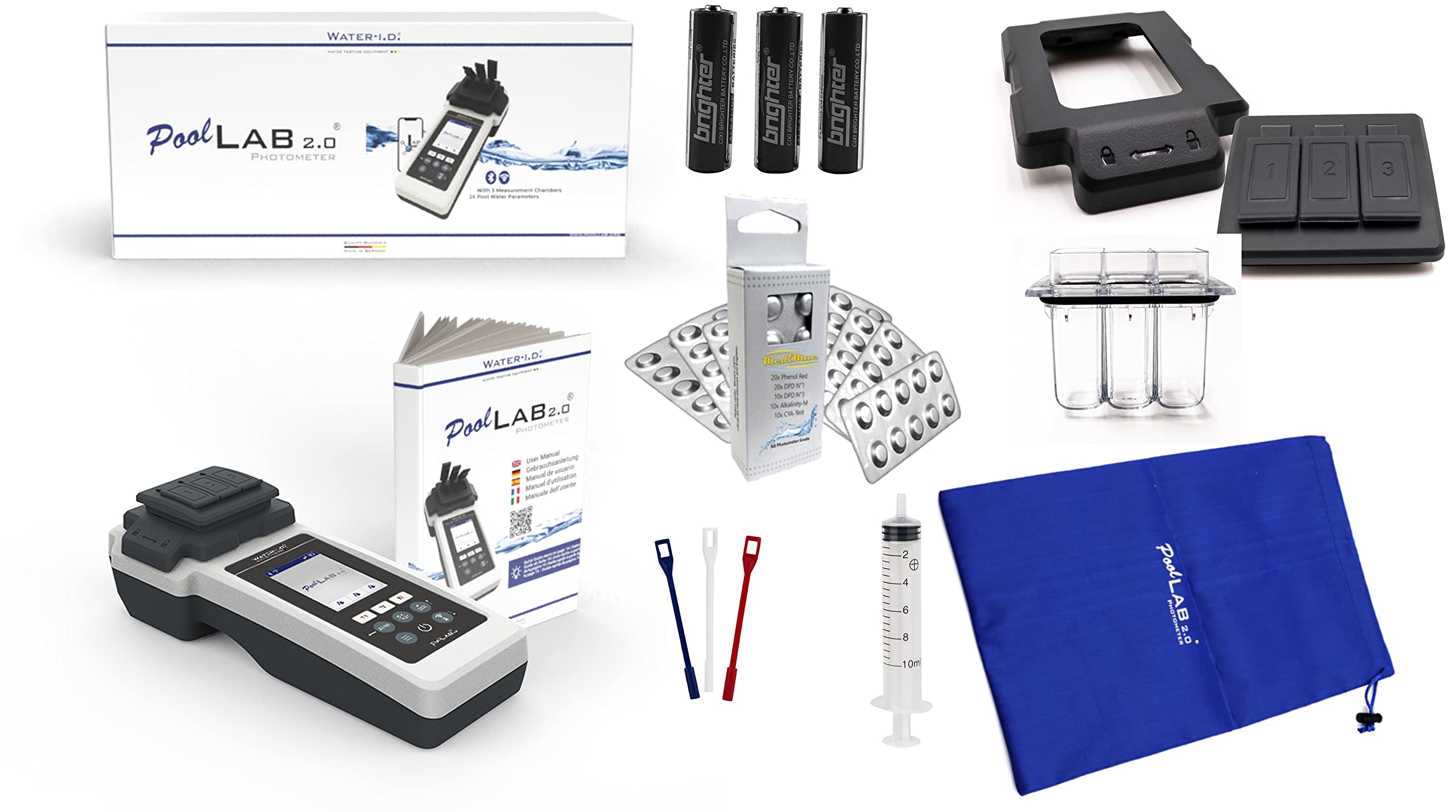 PoolLab 2.0 con 70 compresse di prova e "EXTRA CUvette" Special Edition per MediMuc – 24 parametri – App, software
