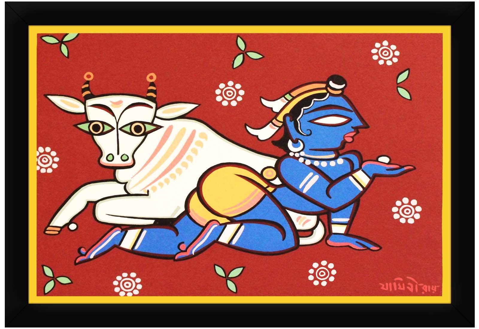 Braj Art Gallery Jamini Roy Painting Krishna & Kamdhenu Photo Frame Size 19.5X13.5 Inches