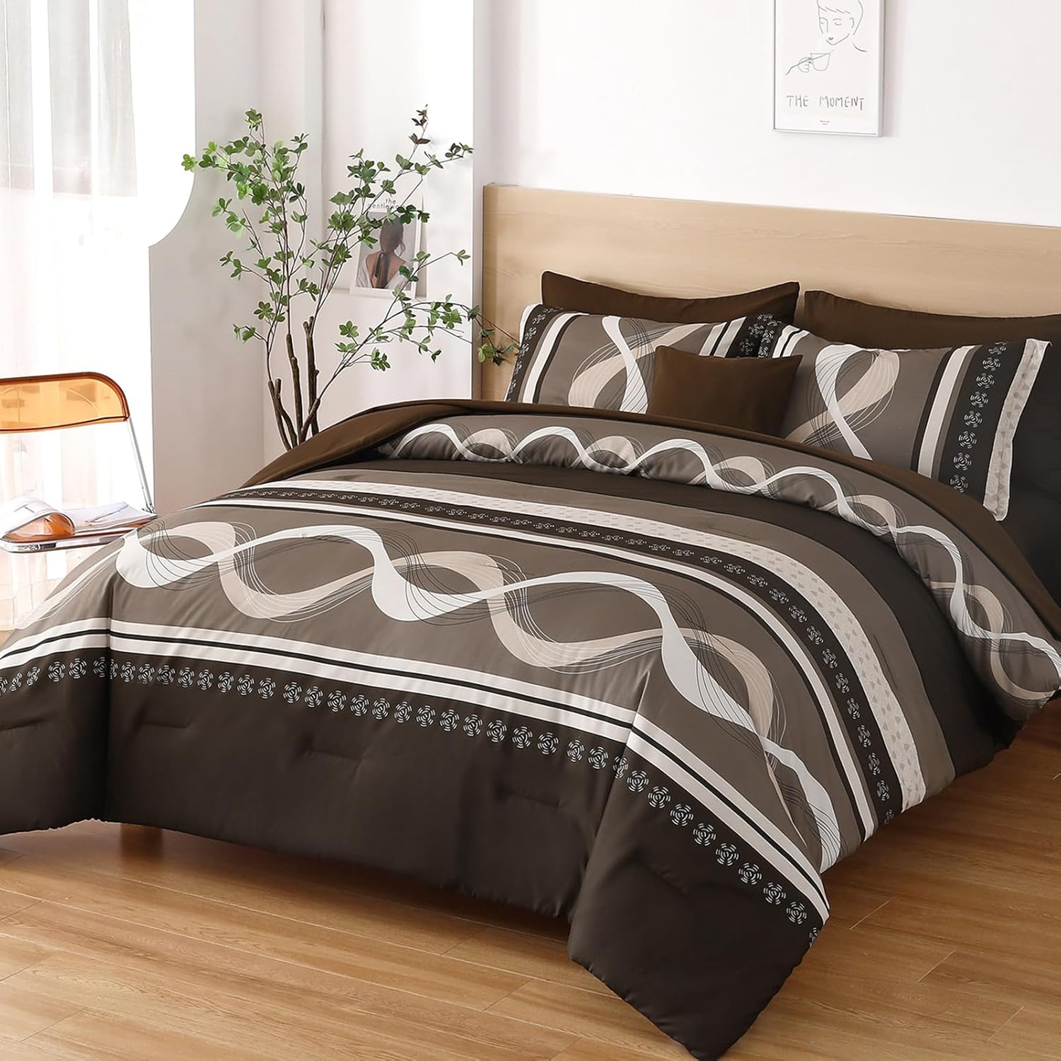 Anibedding Boho Comforter Set,8 Pieces Bed in a Bag Patchwork Striped Comforter Set,Brown Bed Set King Size,Soft Microfiber Boho Bedding Set for All Season(90"×104") - Image 6