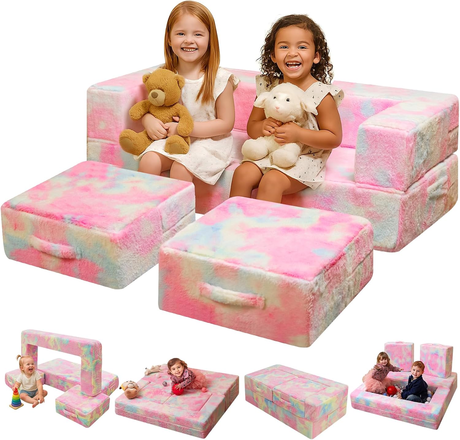 Modular Kids and Toddler Play Couch, Convertible Folding Sofa, 3-in-1 Convertible Toddler Play Couch with High-Density Foam for Playroom & Bedroom Furniture for Boys Girls, Rainbow