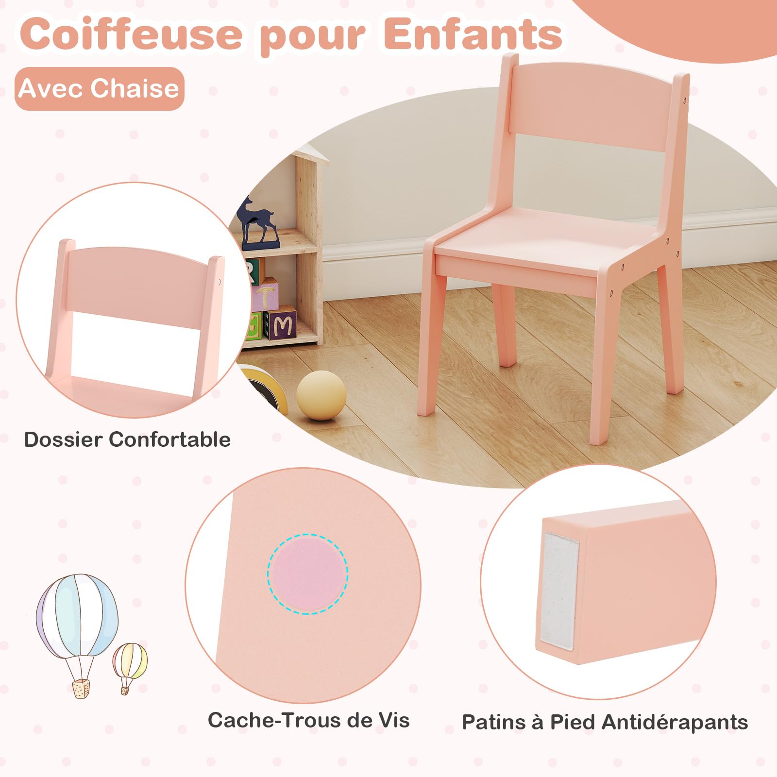COSTWAY 2 en 1 Bureau Enfants avec Chaise & 120 Lumières LED, Coiffeuse Enfants Fille avec Miroir Acrylique, 2 Etagères & Tiroir, Dispositif Anti-basculement, Charge 50kg pour 3 Ans+ (Rose Clair)