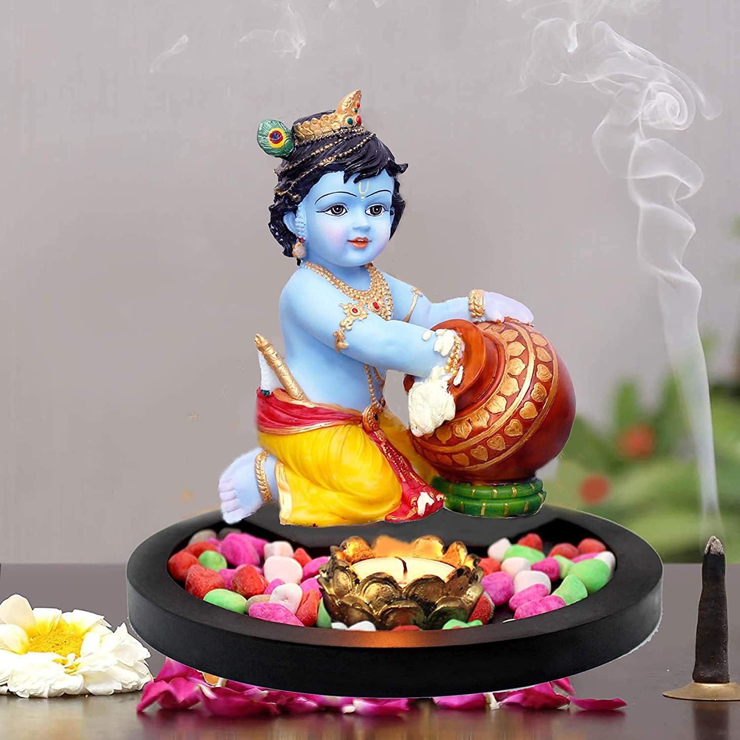 Polyresin and Wood Lord Baby Krishna Makhan Chor Idol Statue kanha ki Murti with Wooden Flowers Natural Stones Lotus Tealight Candle Holder and Wooden Tray