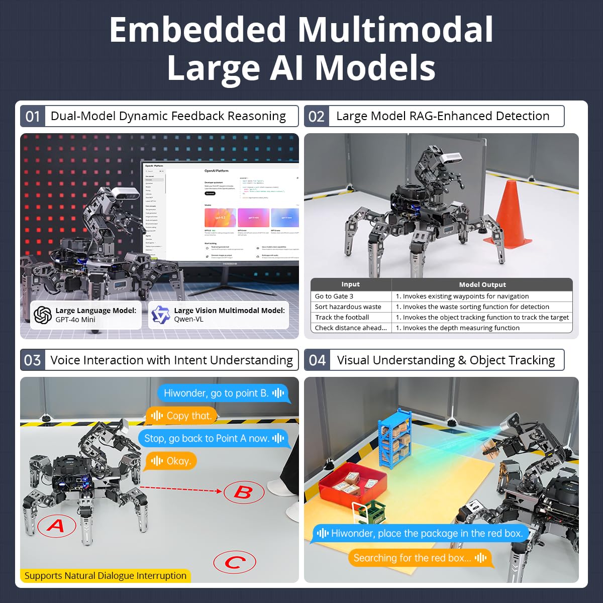 HIWONDER ROS2 Jetson Hexapod con OpenClaw Grandi Modelli AI ChatGPT Mappatura SLAM 3D AI Vision Scena Vocale Comprensione Auto-bilanciamento ROS Education Robot, ROSpider Advanced Kit & Jetson Nano