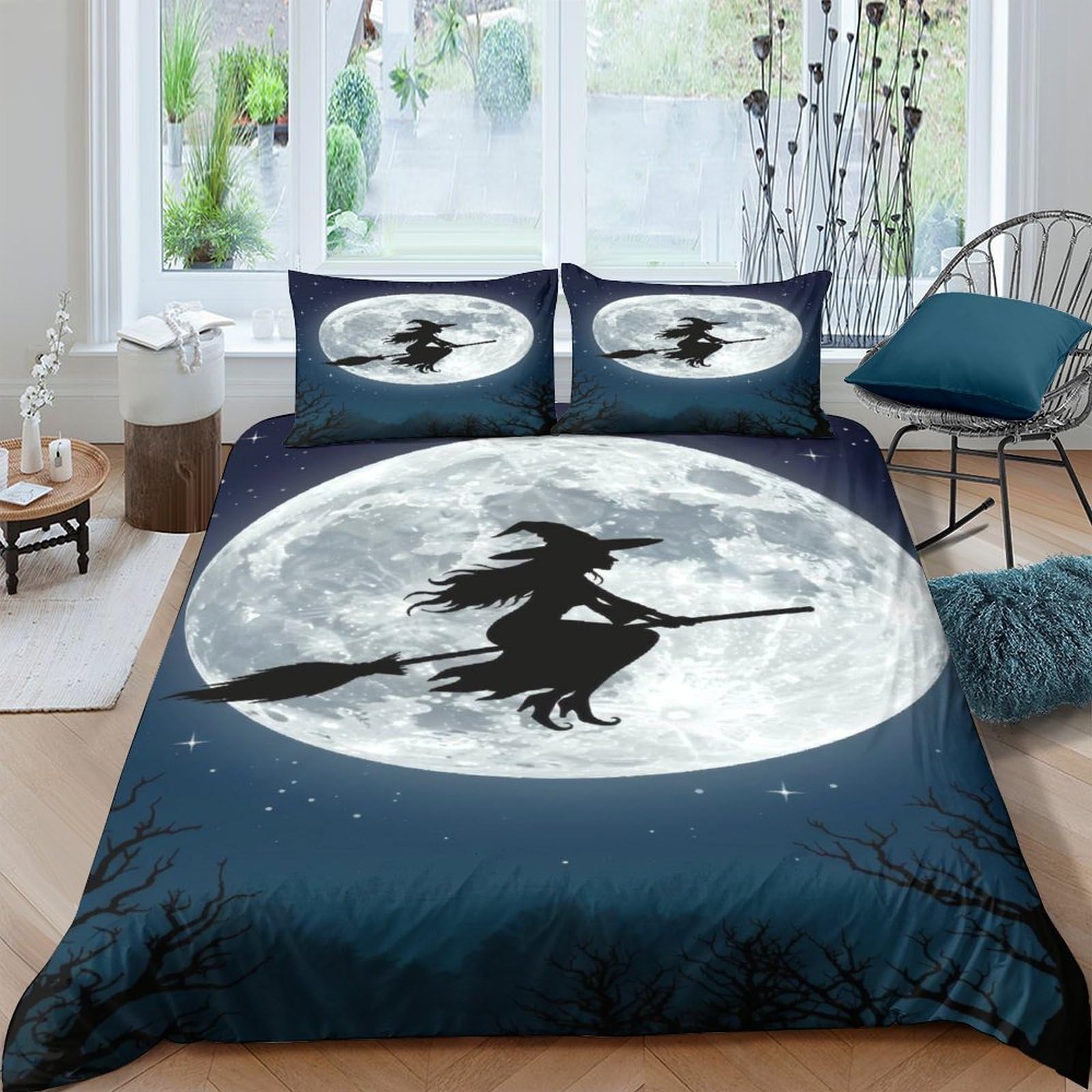 GPLZQXKJNH 3D Printed Witch Moon Duvet Cover Microfiber Soft Breathable Halloween Bedding Set with 2 Pillowcases for Bedroom Decor Single（135x200cm）