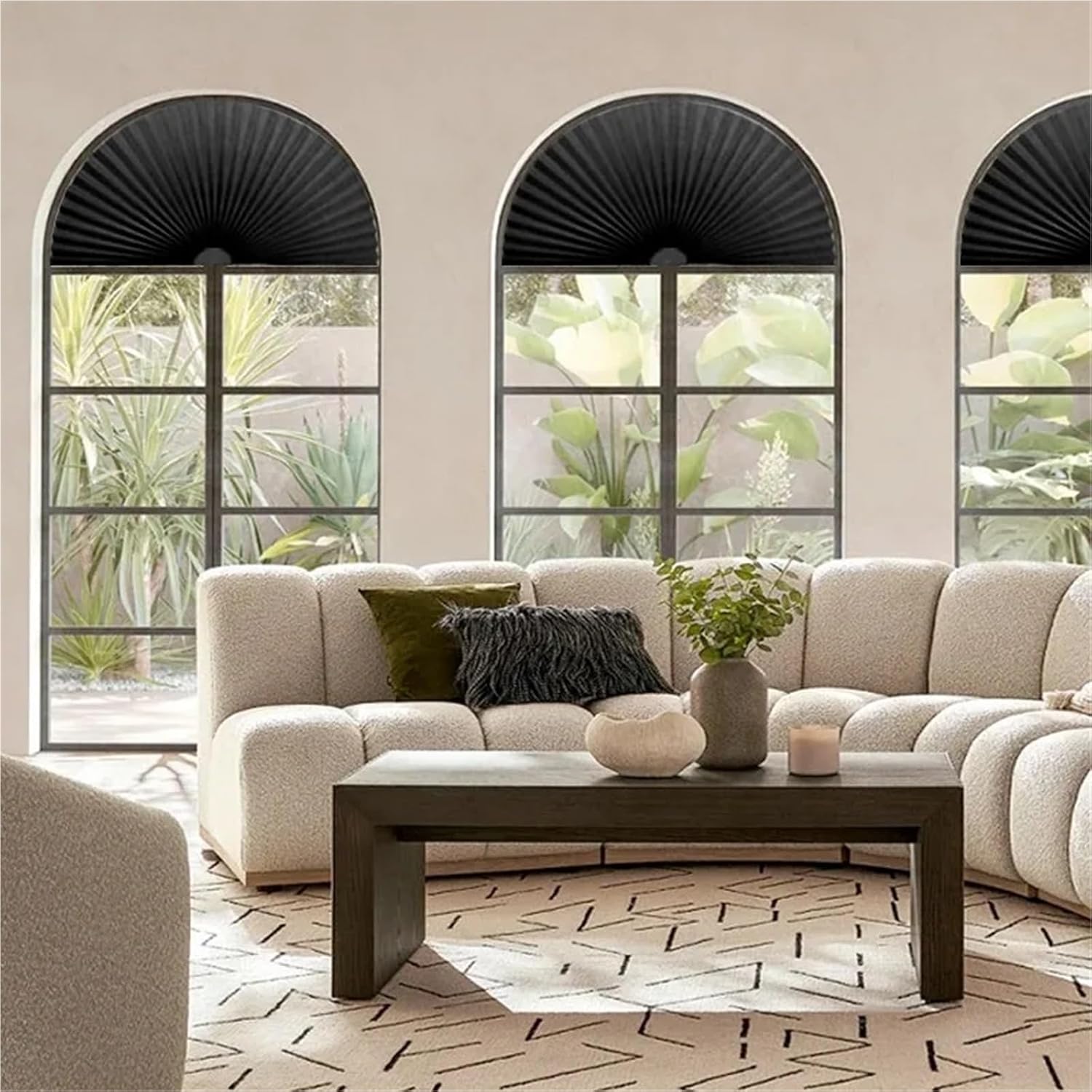 Temporary Blinds Self-Adhesive Arch Pleated Blind Bedroom Balcony Sunshade Curtain Half Blackout Window Curtains Non-Woven Light Filtering Shades(Semi BK,Radius 59CM)