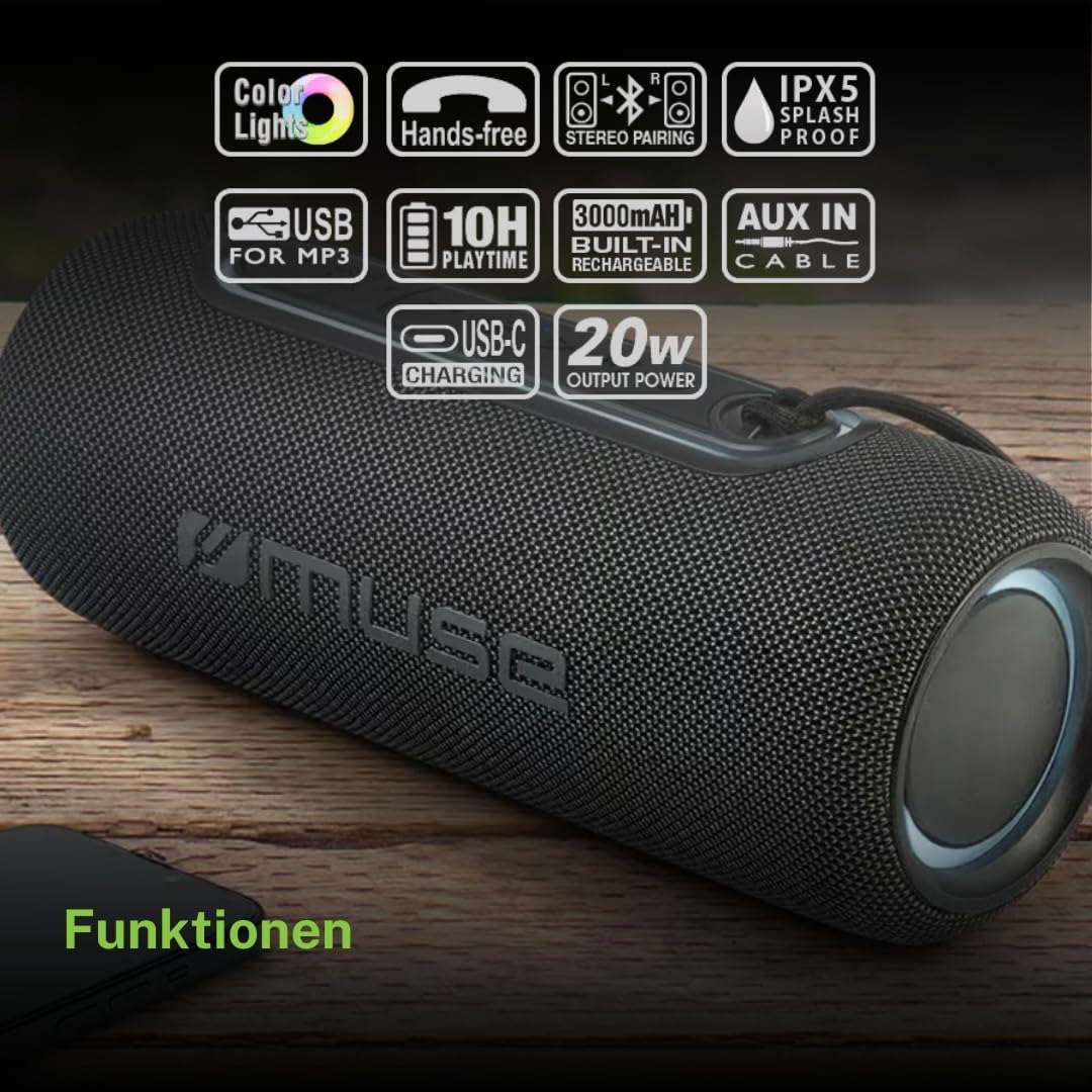 Muse M-70BTB. Altoparlante Bluetooth con luci a colori, supporta sapilcadure d'acqua. Potenza di uscita 20 W