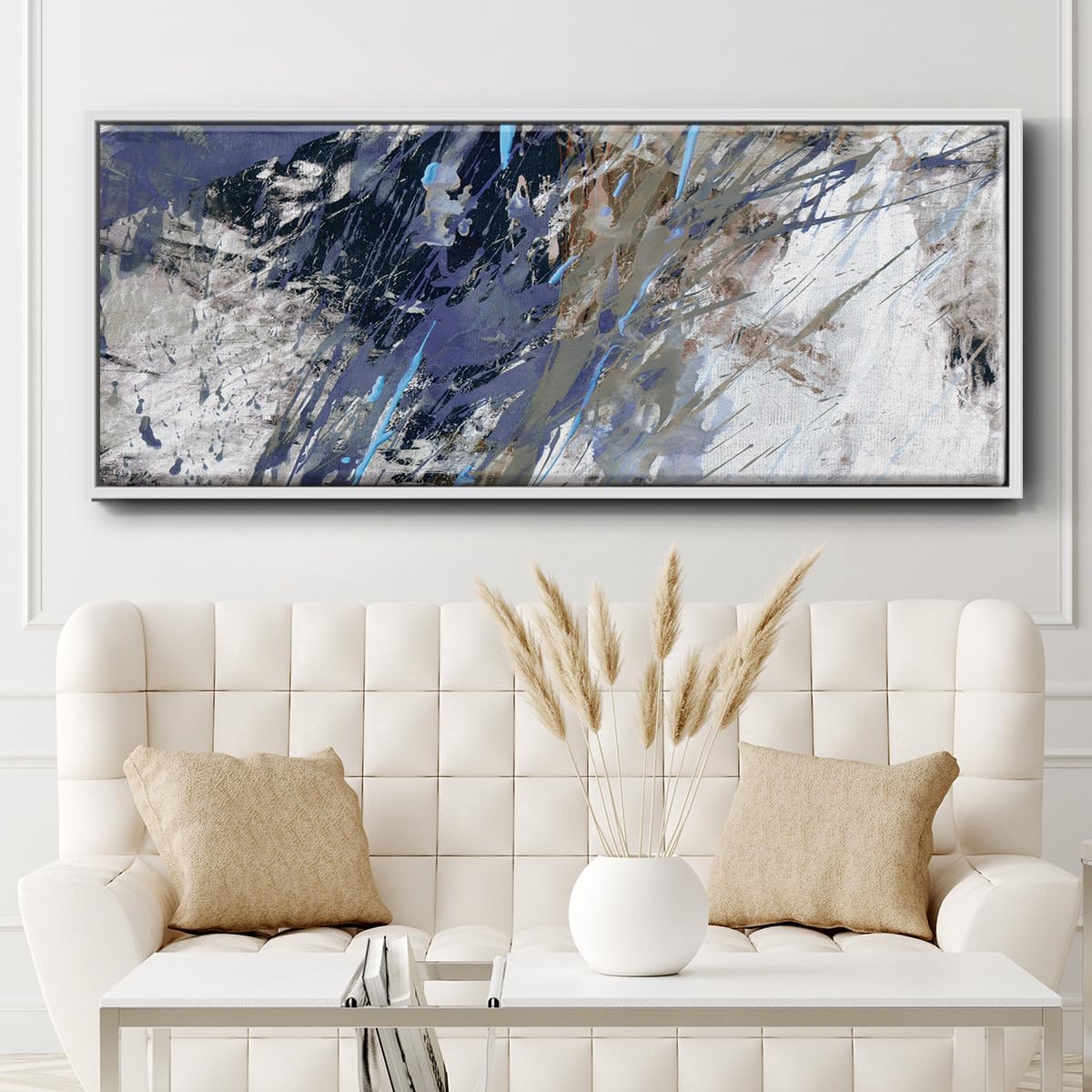 Renditions Gallery Abstract Floater Framed Wall Art Splash of Blue & Brown Colors Wall Decoration Canvas Prints for Bedroom Farmhouse Office - 12"X30" WHITE Frame - GAL024