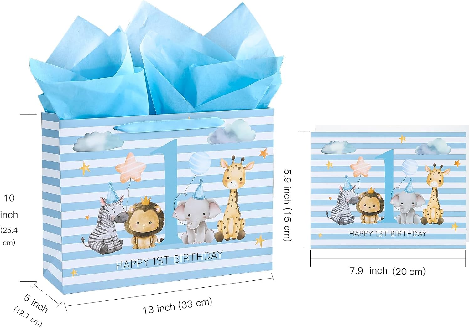 WRAPAHOLIC 13″ Large Baby Boy 1st Birthday Gift Bag with Card and Tissue Paper – Baby Blue Adorable Jungle Animal Design for Kids Boy Birthday
