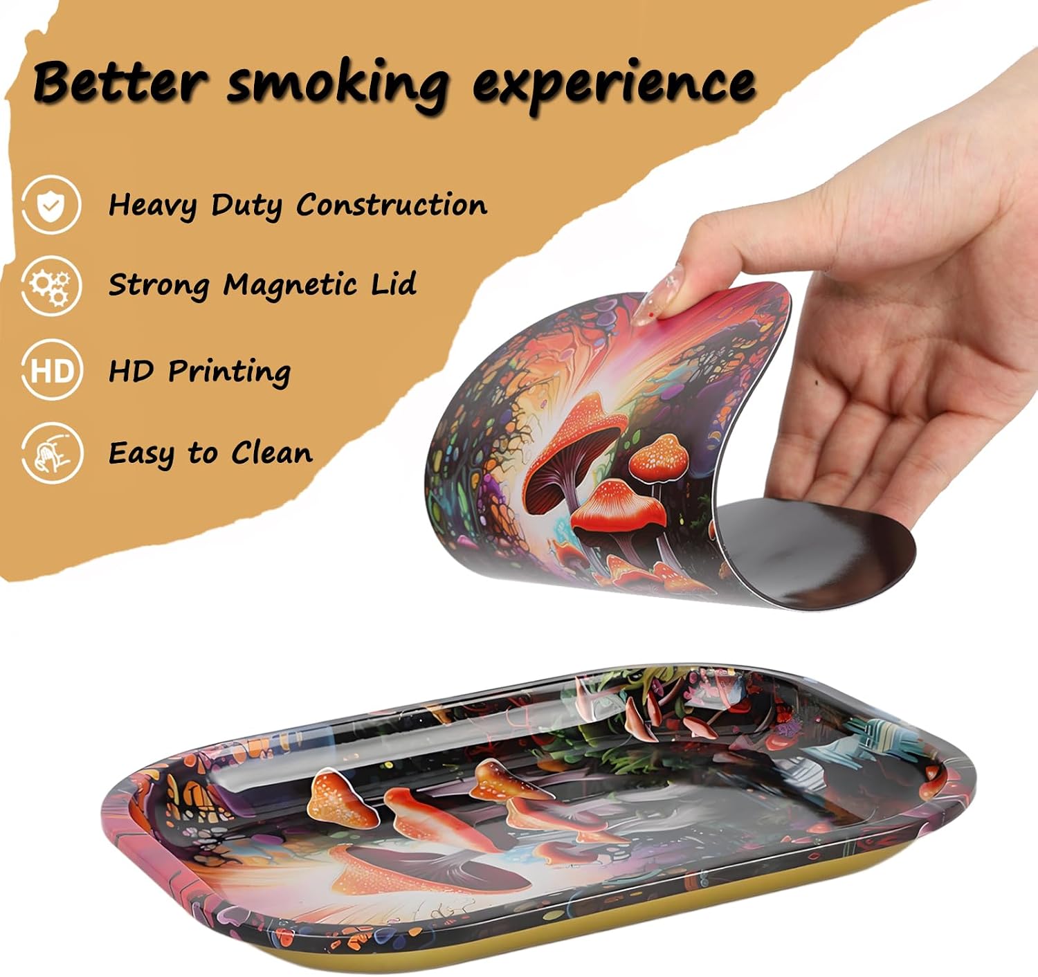 Rolling Tray with Magnetic Lid - Mini Metal Rolling Tray with Spill Proof Cover - Cute Decorative Tray - Perfect Storage for Home or On-The-Go - 7" x 5.5" (Yellow/Purple)