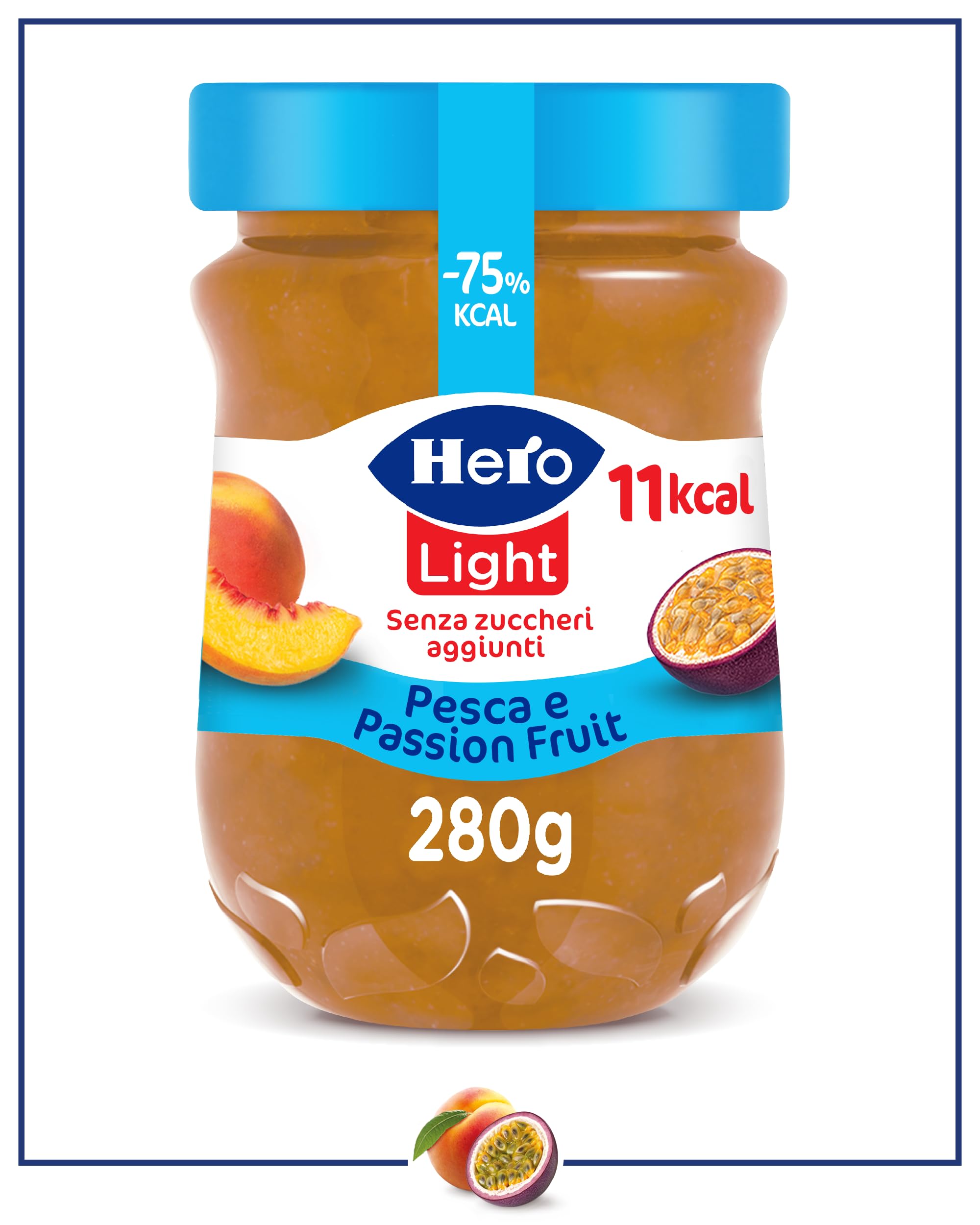 Hero Light Confettura di Pesca e Passion Fruit Light, 8 Vasetti da 280 g, Confettura Extra, Frutta di Alta Qualità, Senza Conservanti e Coloranti, Pochissime Calorie