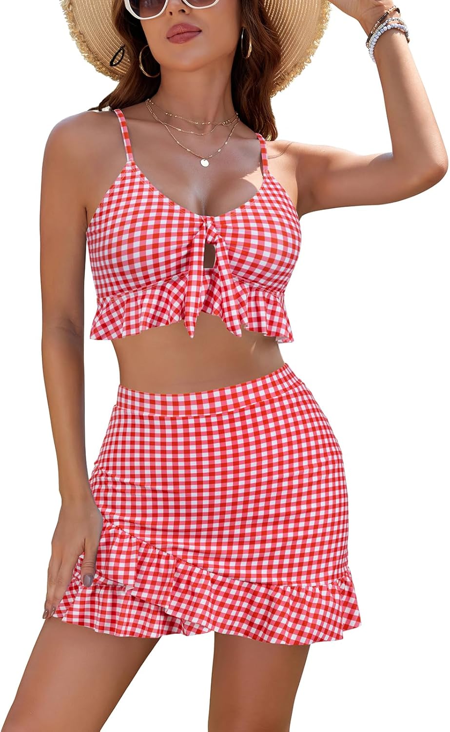 SHEKINI Women's Bikini Set Ruffle Trim Swim Skirt Tie Knot Cut Out Top High Waist Bottom Tankini Two Piece Swimsuits