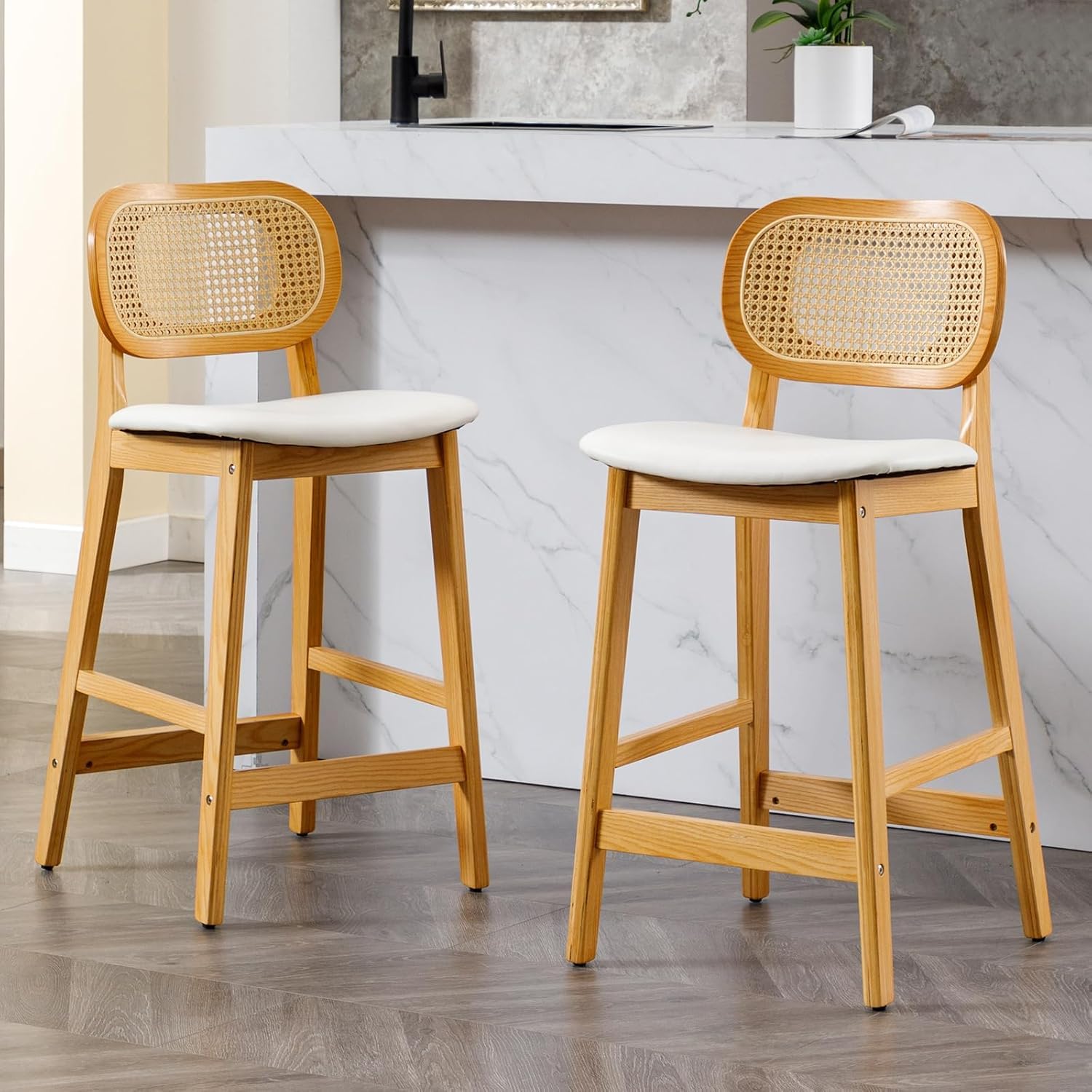 chairus Wooden Bar Stools 2pcs, Rattan Counter Stools, PU Leather White