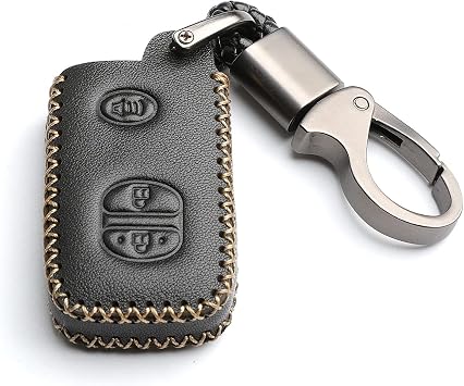 Leather for Toyota 4Runner Avalon Camry Corolla Land Cruiser Venza RAV4 Subaru BRZ Remote 3 Buttons Key Case Holder Cover Fob Chain Black