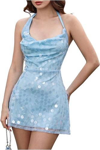 SOLY HUX Women's Sequin Sparkly Halter Cowl Neck Draped Backless Mini Dress