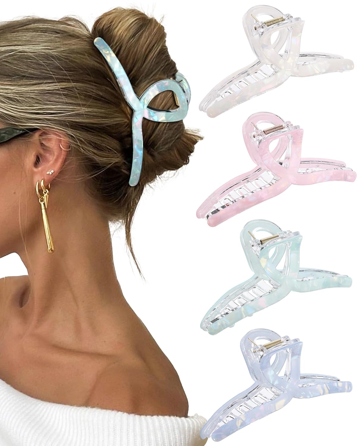 Molans 5Inch Large Hair Claw Clips 4 PCS for Women - Acrylic Hair Accessories for Thick Hair and Long Hair, Big Strong Durable Hair Applique, Oversized Non-slip Rectangle Butterfly Jaw Hair Clips