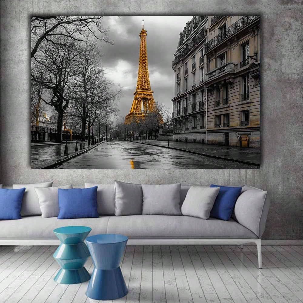 Cuadro decorativo de la Torre Eiffel amarilla, póster de una calle parisina lluviosa, láminas de paisajes urbanos, imágenes modernas para la decoración del hogar (70x100cm/marco interior)