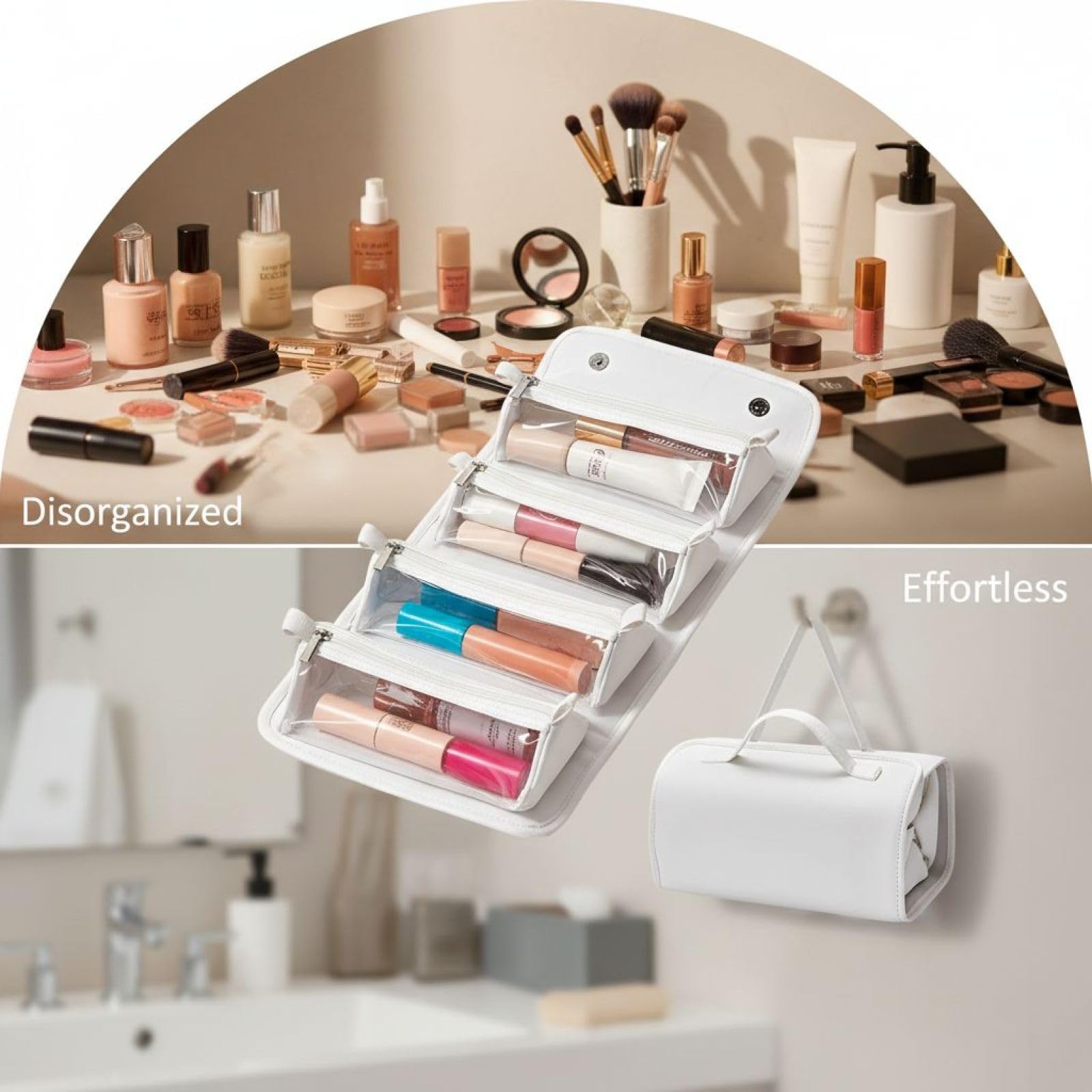 Trousse de Maquillage de Voyage 4 en 1 détachable à Enrouler, Grand Organiseur cosmétique imperméable, 4 Pochettes Transparentes, Sac de Toilette Suspendu Portable, 9,4 x 5,5 x 4,7 in, pour Voyage de