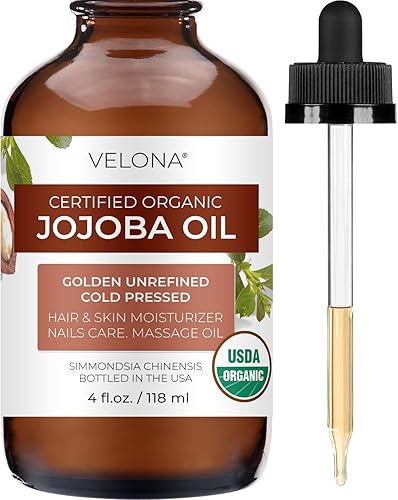 velona Aceite de jojoba certificado orgánico por la USDA, 4 onzas líquidas (con gotero), dorado, sin refinar, prensado en frío, sin hexano