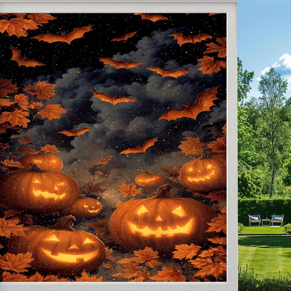Pmlbaous Mysterious Halloween Privacy Window Film, Gothic Pumpkin Bat Full Moon Frosted Self-Adhesive Vinyl Cling For Glass Doors Bathroom Windows Sun Blocking Heat Control, （45X60cm）