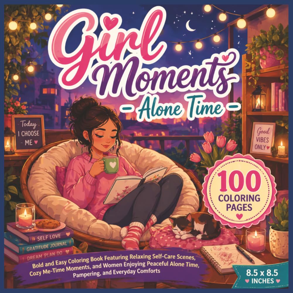 Girl Moments - Alone Time: Bold and Easy Coloring Book Featuring Relaxing Self-Care Scenes, Cozy Me-Time Moments, and Women Enjoying Peaceful Alone Time, Pampering, and Everyday Comforts...