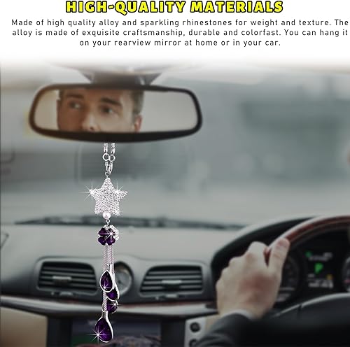 Miniatura 5 de Suvnie Bling Ball and Drops - Colgante colgante de automóvil, adorno de espejo retrovisor automático de cristal para mujeres y niñas, accesorios