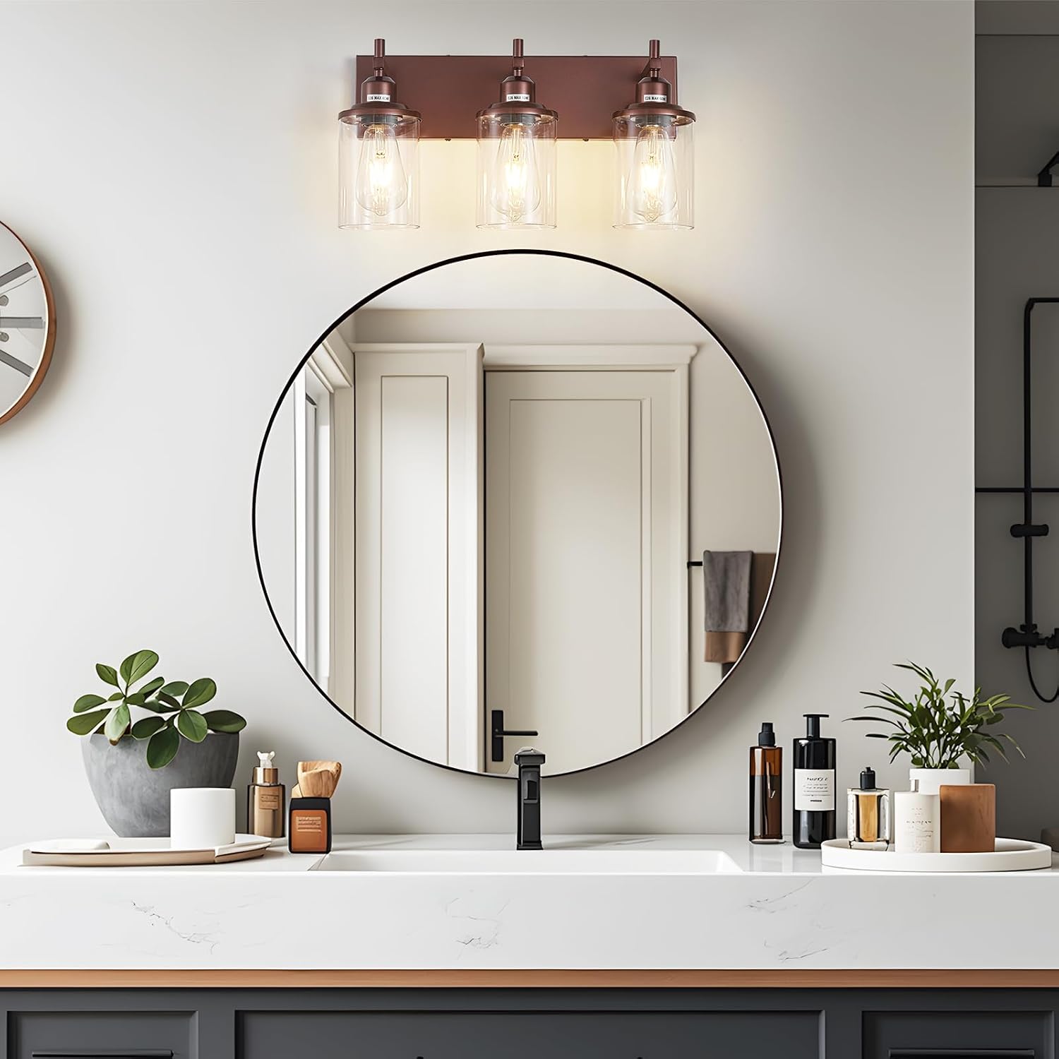 Lanhall 3-Light Bronze Bathroom Light Fixtures Over Mirror,Modern Bathroom Vanity Light with Clear Glass Shade, Wall Sconce for Bathroom Hallway Cabinet Bedroom Kitchen Living Room Foyer E26 Base