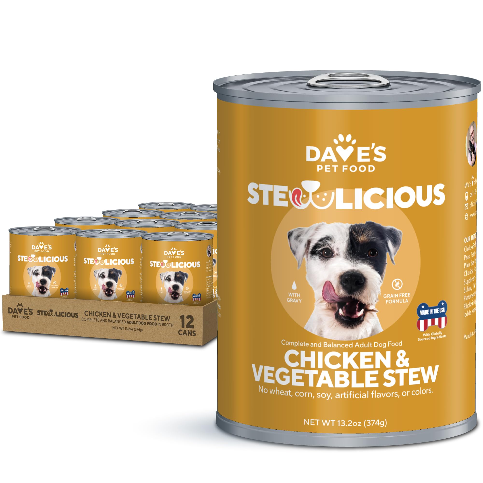 Dave's Pet Food Stewlicious Grain Free Wet Dog Food (Chicken & Vegetable in Gravy), Made in USA Naturally Healthy Canned, Gluten Free Topper, 13.2 oz