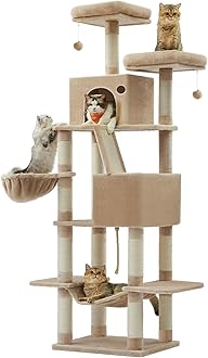 Feandrea Cat Tree, 206 cm Large Cat Tower Condo with 13 Scratching Posts, 1 Scratching Ramp, 2 Perches, 2 Caves, Basket, Hammock, Pompoms, Camel Brown PCT190K01V1