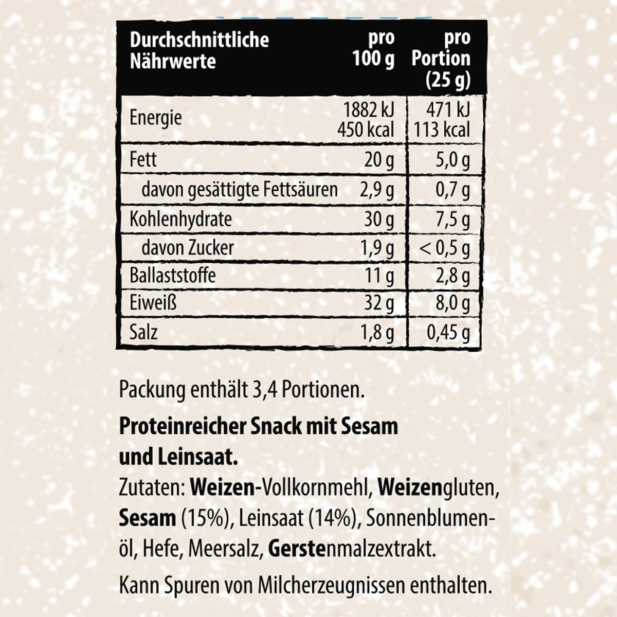 Dr. Karg’s Protein-Snack Sesam Leinsaat - knusprig, vegan, proteinreich, Snack mit mehr als 30% Eiweiß & weniger Kohlenhydraten sowie extra vielen Saaten, Proteinquelle, ohne Zusatzstoffe, 14x85g