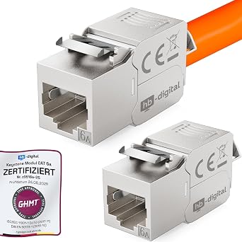 HB-DIGITAL 2x CAT 6a Keystone Module Jack GHMT Certified RJ45 Socket STP 500MHz 10Gbps Krone Tool-Free Coupling Network Panel Socket for Patch Panel Ethernet LAN Installation Cable
