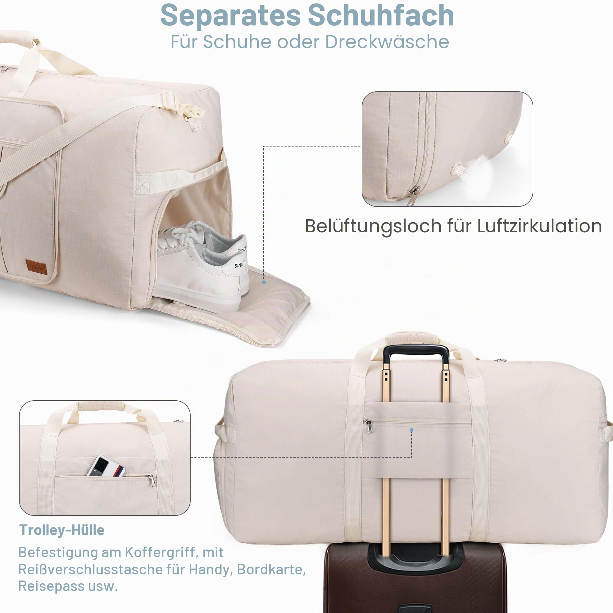 Urtala Reisetasche für Damen und Herren, groß, faltbar, Wochenendtasche mit Schuhfach und Schultergurt, leicht, wasserdicht, Gepäcktasche, Beige, 100L, Klappbar