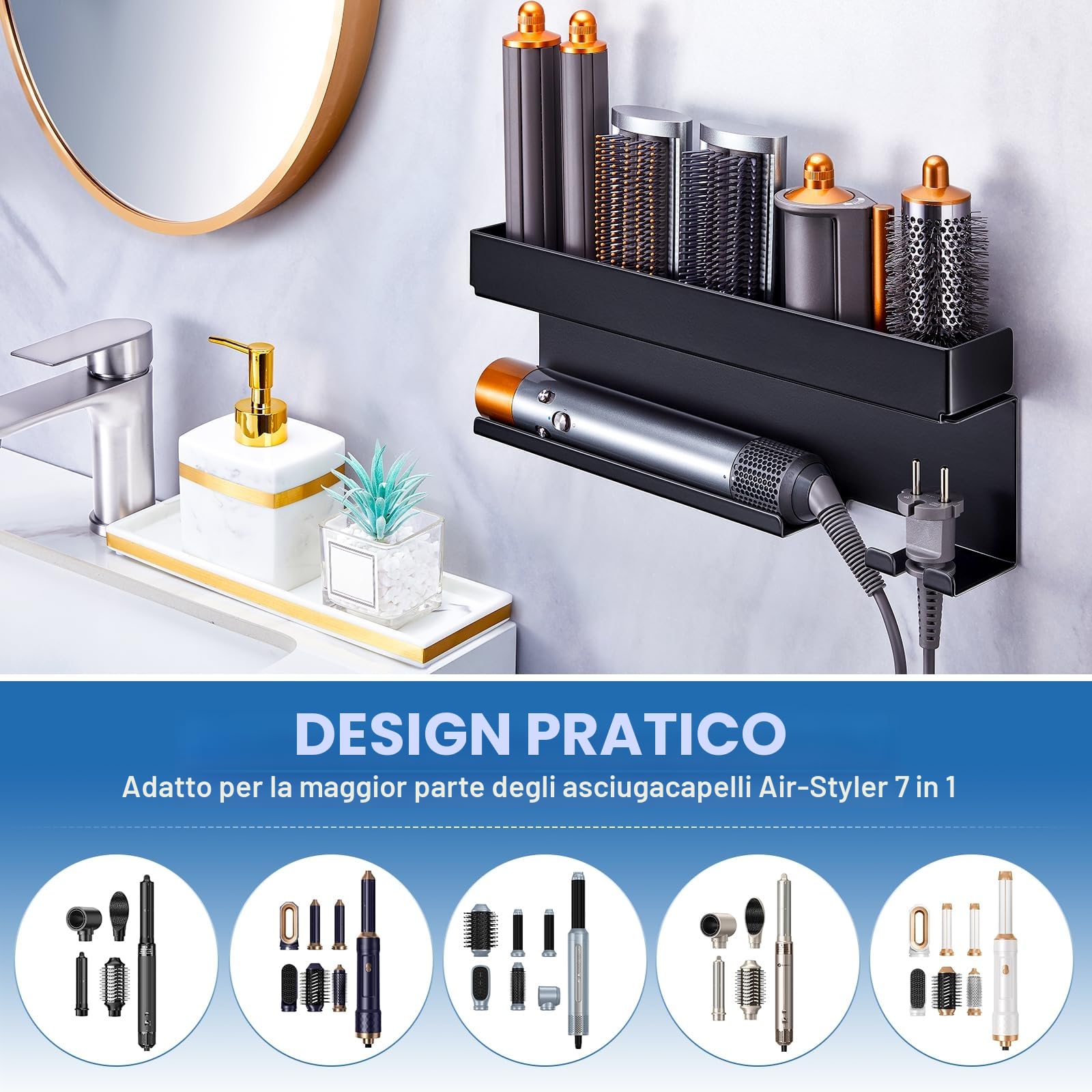 Supporto Phon Da Parete, Lo Stent Asciugacapelli È Adatto Per Gli Accessori Styler Curling Device, Supporto Autoadesivo Per Asciugacapelli, Porta Phon Bagno (Nero)