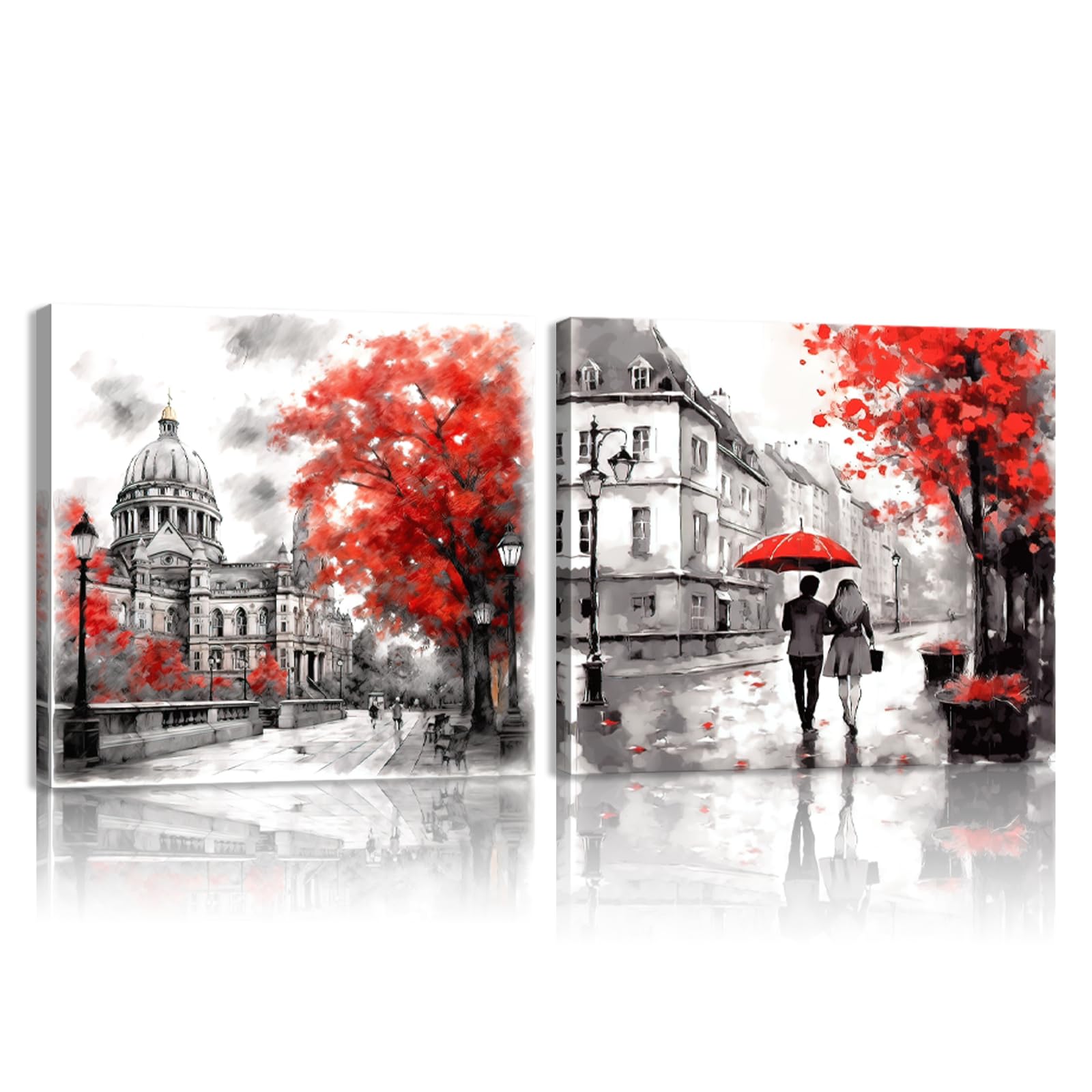 Canvas Wall Art Set of 2, Black and White St. Paul's Cathedral and Red Trees with Umbrella Painting Picture Vintage Romantic Landscape Poster Print