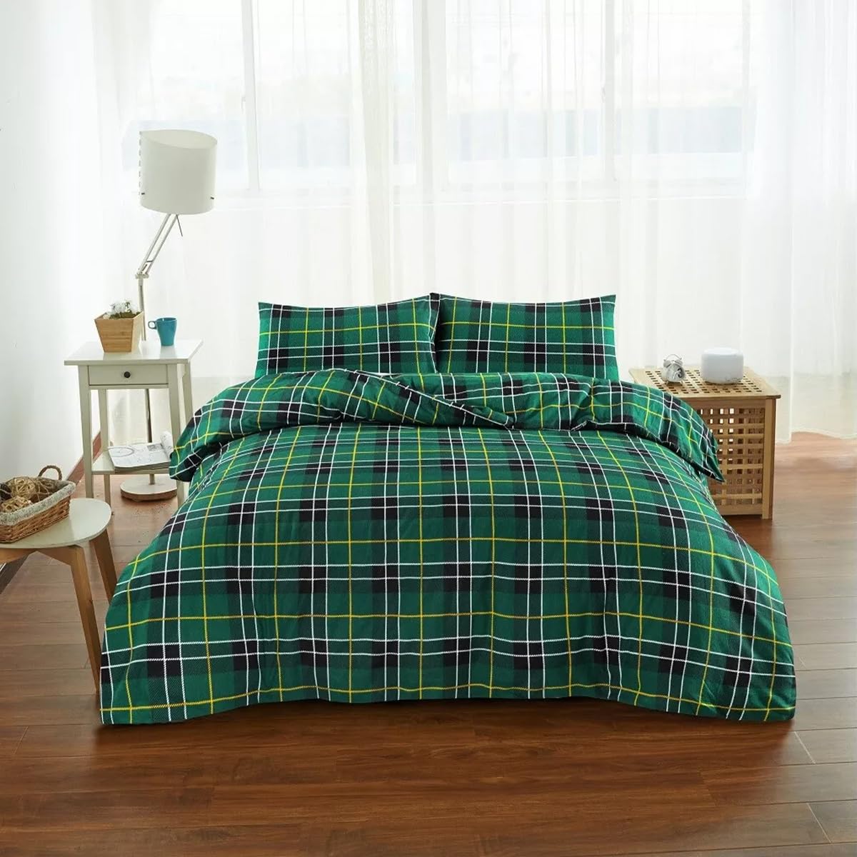 Rohi Duvet Cover and Pillowcase Set - 100% Cotton Tartan Flannelette Quilt Cover (Double, Green)