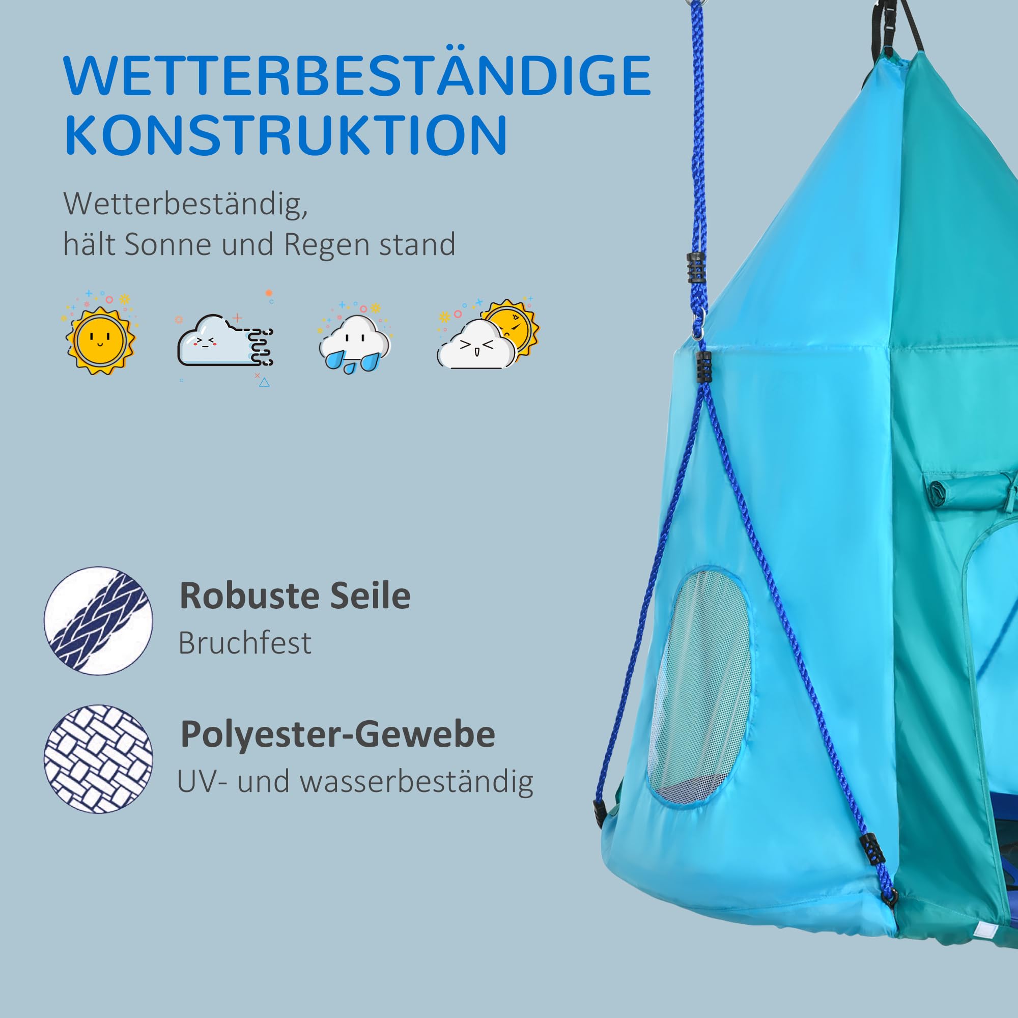 Outsunny Huśtawka ogrodowa z namiotem, Ø 100 cm, huśtawka ogrodowa dla dzieci z oknem i linkami o regulowanej długości, huśtawka talerzowa dla dzieci, wodoszczelny namiot, obciążenie do 150 kg, niebiesko-zielona