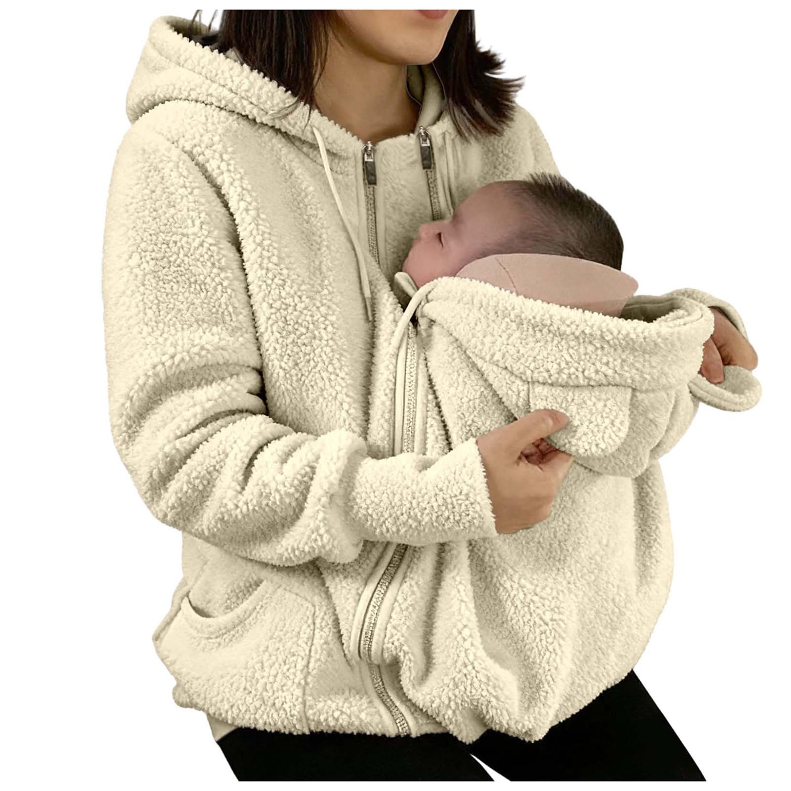 Générique Veste de maternité d'hiver polaire avec insert amovible pour bébé, capuche et poches partagées - Manteau chaud en coton doux pour allaitement et extérieur, confortable et fonctionnel