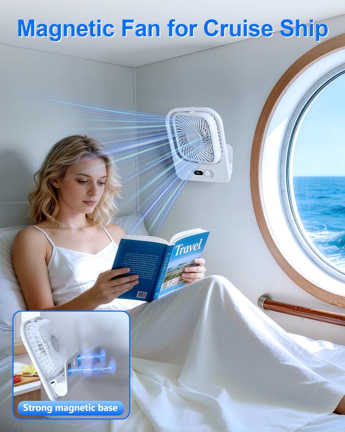 Usb Desk Fan with Magnetic Base, Portable Fan for Cruise Ship Cabin, Mini Personal Rechargeable Fan for Travel, 3000 Mah Battery Powered Thin for Office Bedroom Dorm Kitchen Table, White