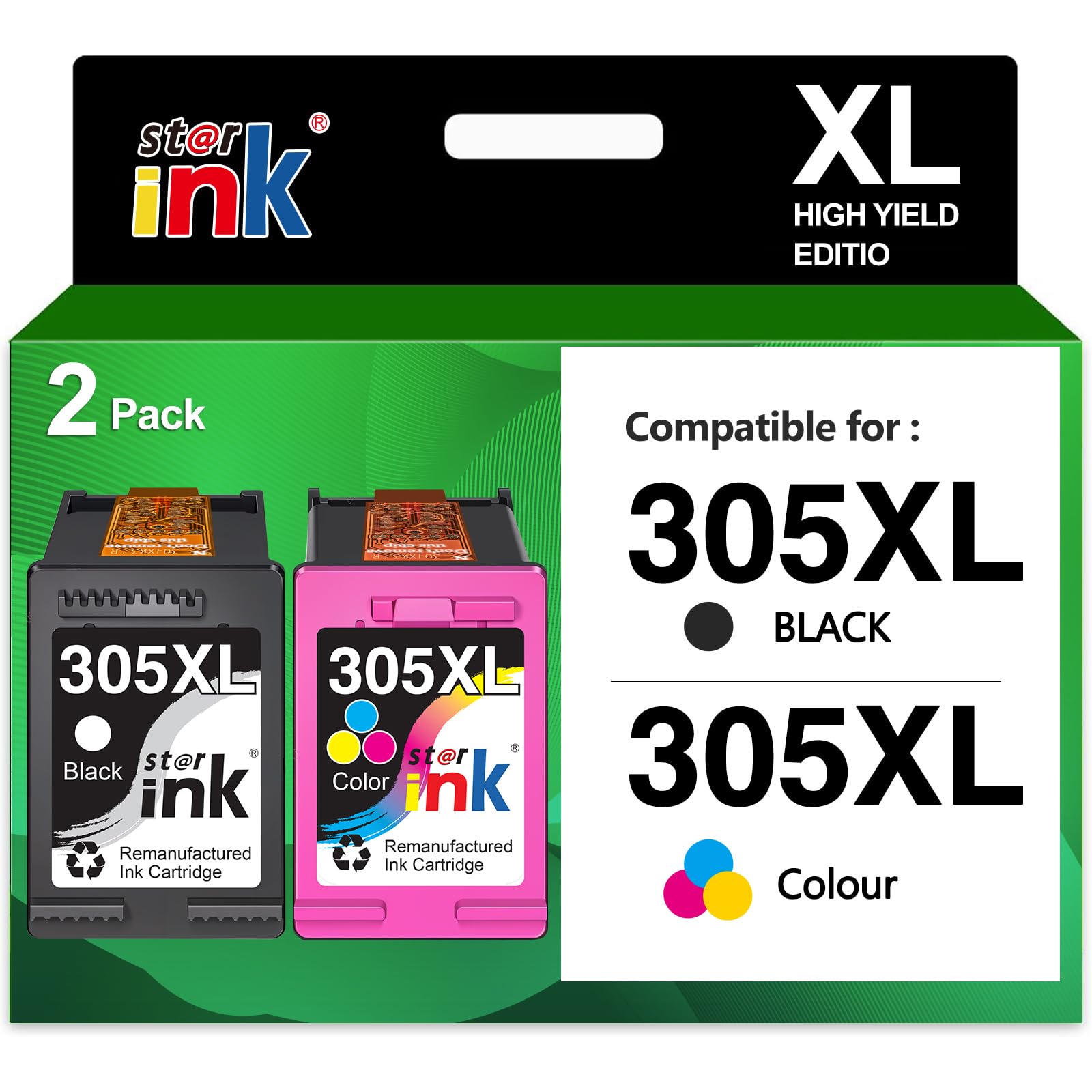 Starink 305XL Ink Cartridges Remanufactured for HP 305 Ink Cartridges Black and Colour, Printer Ink 305 XL Compatible with HP Envy 6000 6020e 6032e, DeskJet 2700 2700e 2710e 2722e 2800e 2810e 2820e
