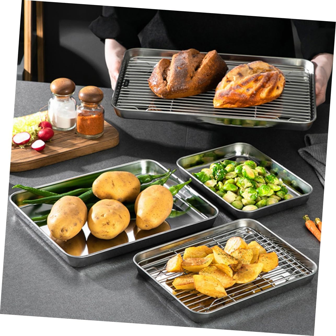 Ciieeo 2sets Stainless Steel Baking and Rack of Oven- Kitchen Storage Trays for Frying Draining and Cooking Non- to Clean