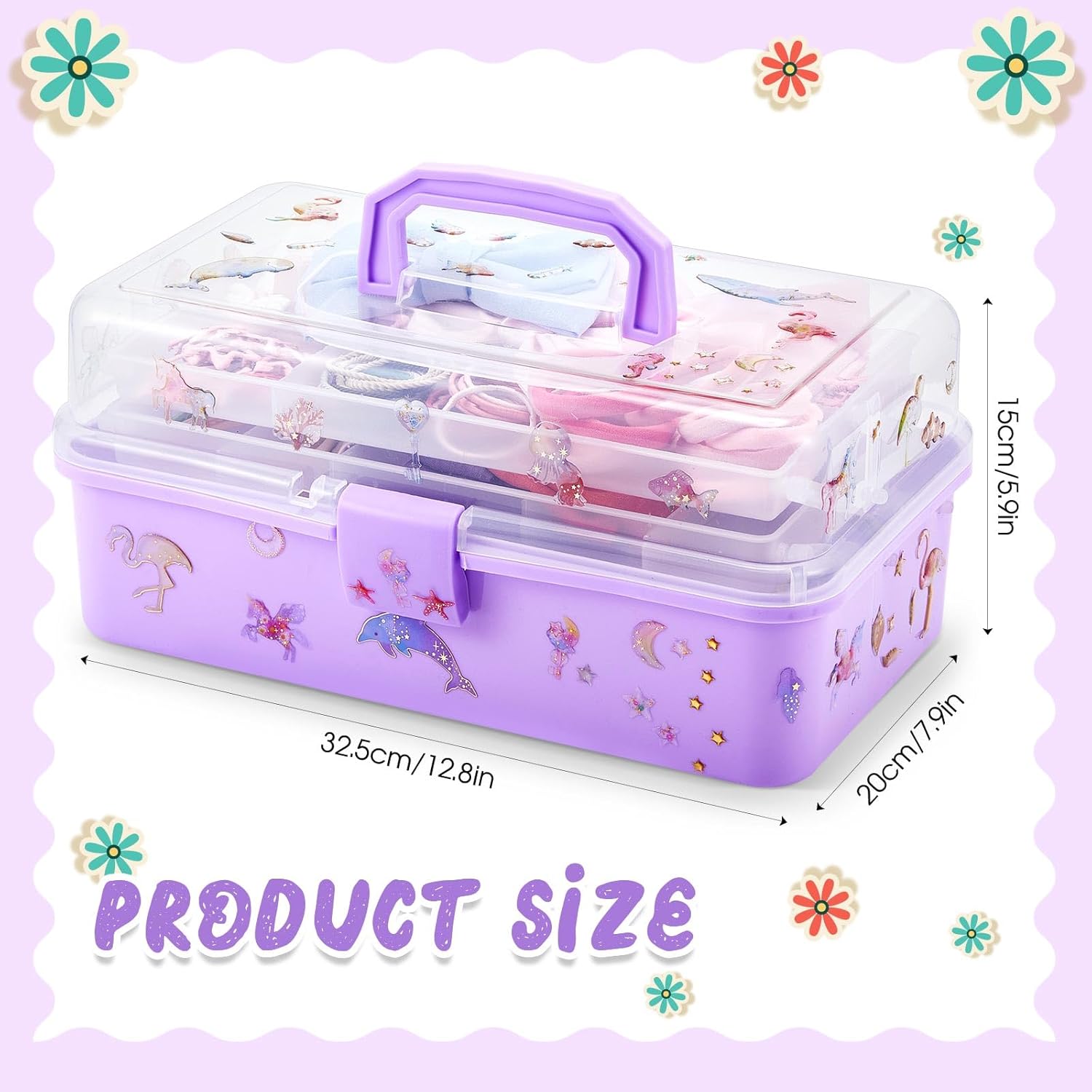 Ziliny 12.8 Inch Hair Box Organizer for Girls Hair Stuff 3 Layer Folding Art Craft Organizer with Handle Stickers Multipurpose Plastic Tool Box for Headbands, Clips, Ties, Sewing, Art Supply, Medicine