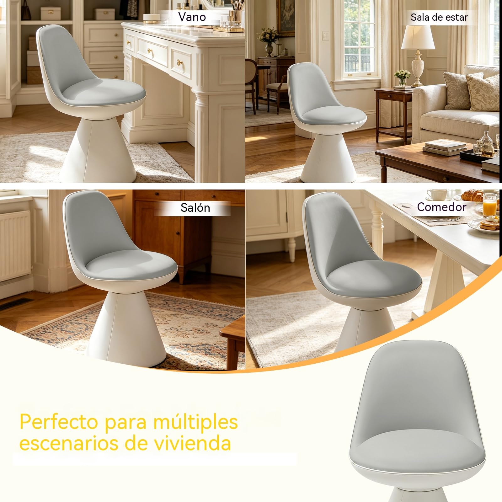 Sgabello Trucco Girevole 360° – Sedia con Rivestimento in Pelle Morbida e Telaio in Legno Massello, Imbottito per Toeletta, Soggiorno, Camera da Letto