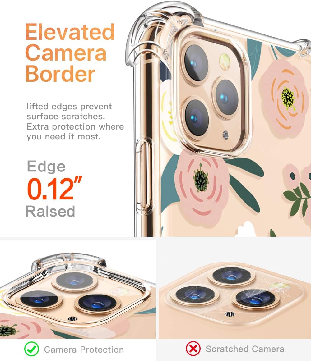 GVIEWIN Compatible with iPhone 11 Pro Case,Clear Flower Design Soft & Flexible TPU Ultra-Thin Shockproof Transparent Bumper Protective Cover,Case for iPhone 11 Pro 5.8 Inch 2019 (Fresh Touch/Cyan)