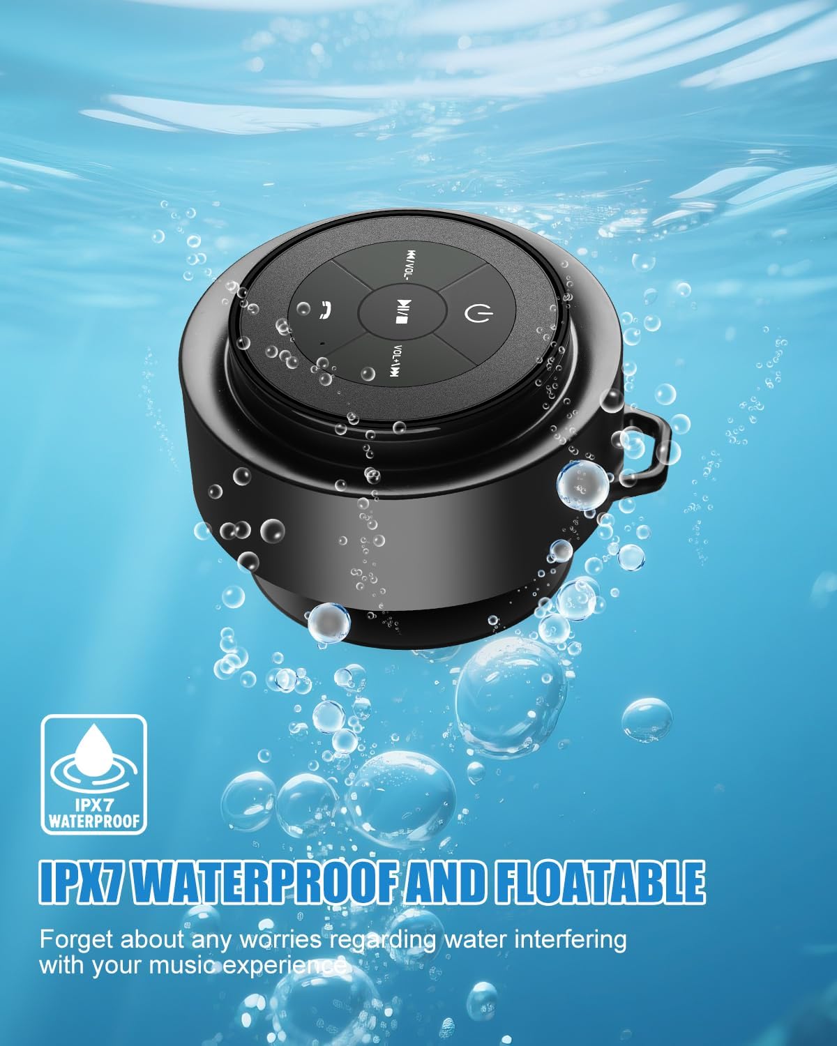 Shower Speaker Bluetooth Waterproof, Portable Mini Bluetooth Shower Speakers Waterproof with Suction Up and Clip, IPX7 Waterproof Floating Bathroom Speaker for Pool Beach Kayak, Beach Gifts（Black - Image 2