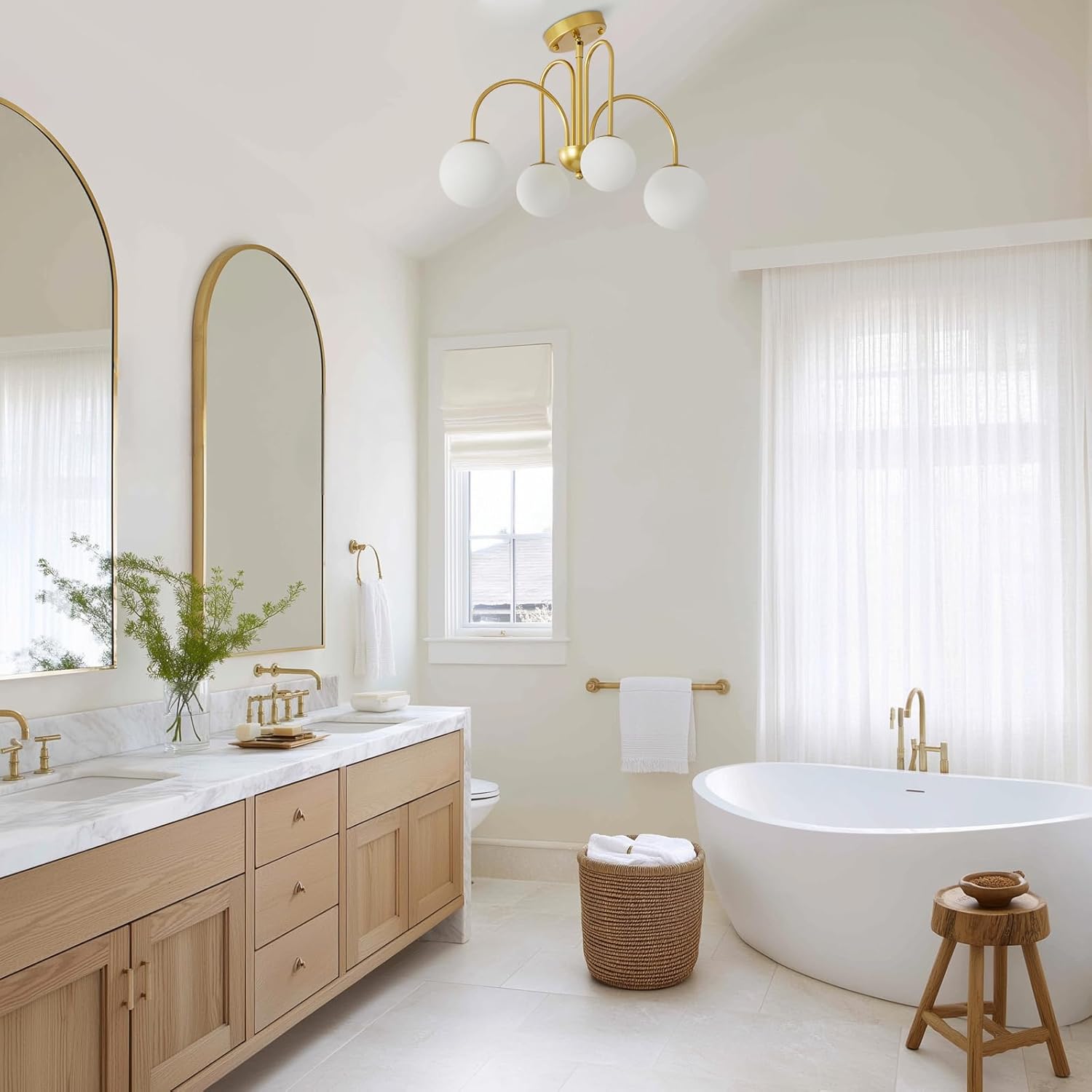 19" Mid Century Arch Chandelier, Modern Ceiling Light Fixtures with Milk Glass Globe Shades Antique Brass Brush Paint Finish for Dining Room, Kitchen Island, Foyer, Living Room 4-Light